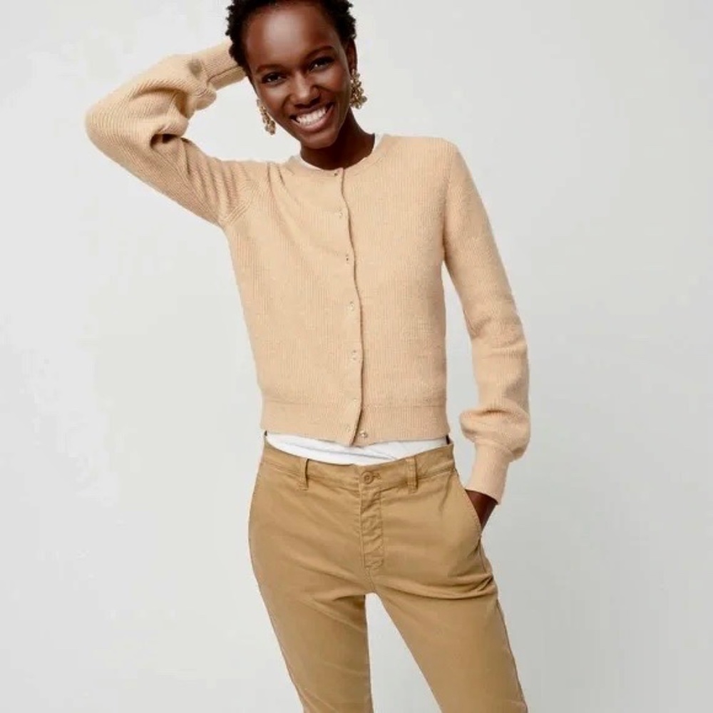 ✨NWT✨ J.CREW Wool Blend Ribbed Cardigan Jeweled Buttons Heather Camel Tan Sz XS